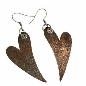Artisan Etched Copper Heart Drop Earrings
